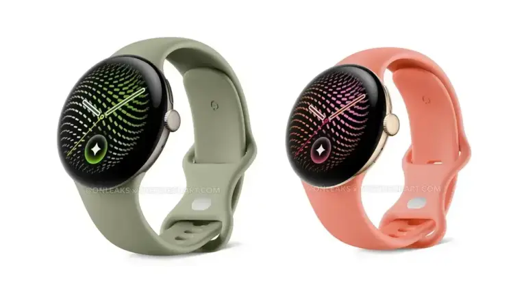 geleaktes Pressebild der 41mm Google Pixel Watch 5 in der Farbe Gold und 45mm in der Farbe Pyrite
