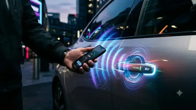 Nahaufnahme eines Fahrers, der ein modernes Smartphone nahe an den Türgriff eines Elektroautos hält mit leuchtenden UWB-Signalwellen