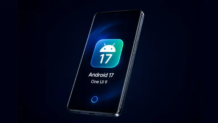 Ein modernes Samsung-Galaxy-Smartphone, das vor einem dunkelblauen Hintergrund schwebt; das Display leuchtet mit einem markanten Symbol für das Software-Update auf „Android 17“ und „One UI 9“