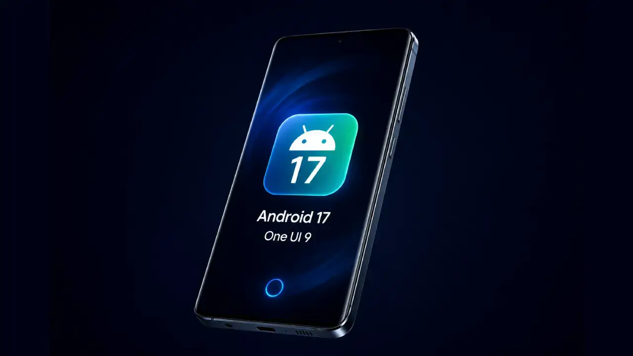 Ein modernes Samsung-Galaxy-Smartphone, das vor einem dunkelblauen Hintergrund schwebt; das Display leuchtet mit einem markanten Symbol für das Software-Update auf „Android 17“ und „One UI 9“