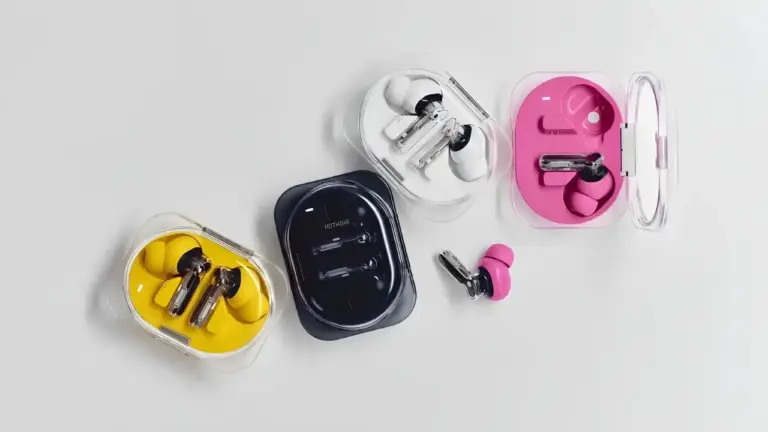 Farbpalette der Nothing Ear (3a) in gelb, schwarz, weiß und pink
