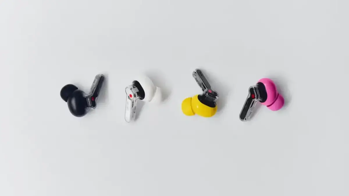 Farbpalette der Nothing Ear (3a) Earbuds in gelb, schwarz, weiß und pink Farbpalette der Nothing Ear (3a) Earbuds in gelb, schwarz, weiß und pink