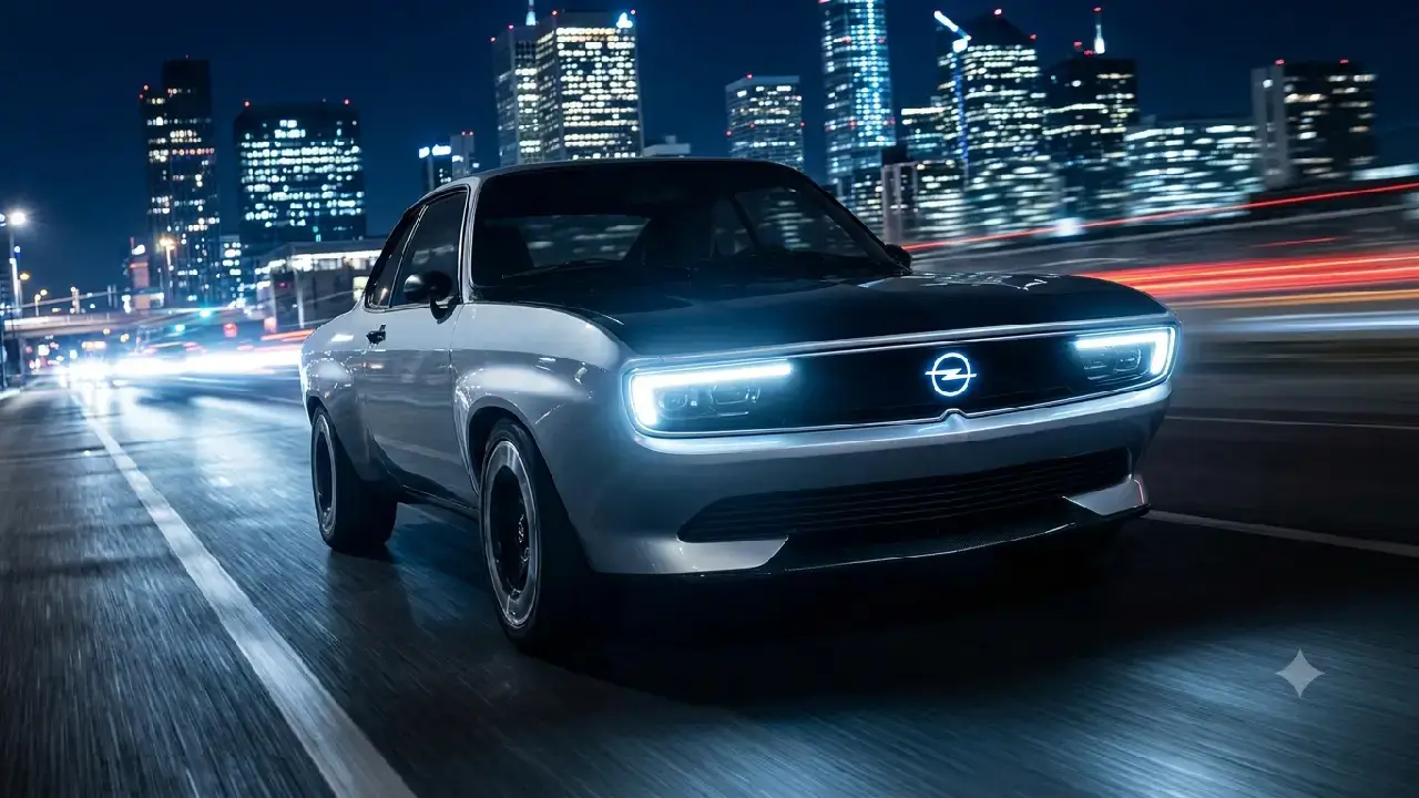 elegantes, modernes Opel Elektroauto mit dezenten Retro-Designelementen der 1970er Jahre