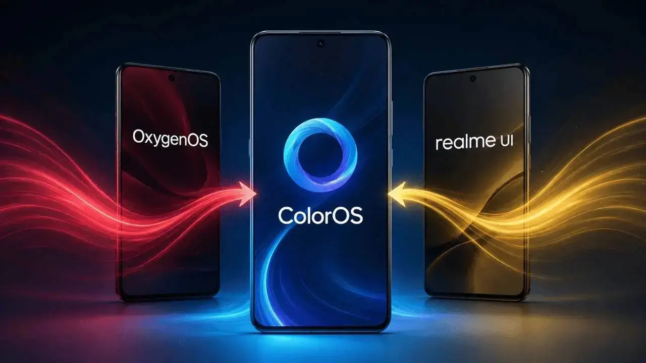 Drei Smartphones illustrieren die Verbindung der Android-Skins OxygenOS und realme UI mit der Haupt-Codebasis von ColorOS
