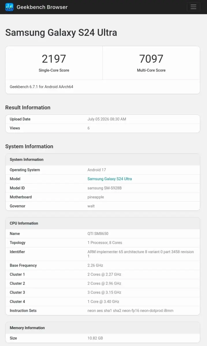 Screenshot vom Geekbench-Benchmark, der das Samsung Galaxy S24 Ultra mit 2.197 Punkte im Single-Core und 7.097 Punkte im Multi-Core-Test zeigt Screenshot vom Geekbench-Benchmark, der das Samsung Galaxy S24 Ultra mit 2.197 Punkte im Single-Core und 7.097 Punkte im Multi-Core-Test zeigt