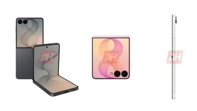 offizielle Renderbilder des kommenden Samsung Galaxy Z Flip 8 in 3 verschiedenen Blickwinkeln