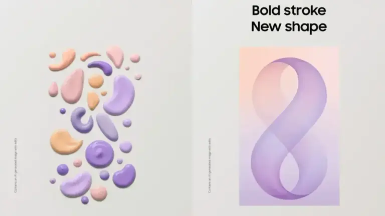 Offizieller Teaser-Leak zum Samsung Galaxy Z Fold 8: Die Grafik zeigt links pastellfarbene Farbtropfen und rechts eine geschwungene, violette Schleife in Form einer Acht unter dem Slogan "Bold stroke New shape"
