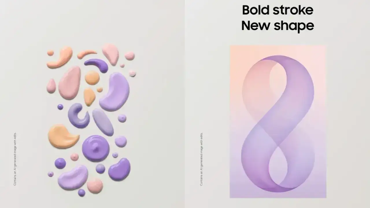 Offizieller Teaser-Leak zum Samsung Galaxy Z Fold 8: Die Grafik zeigt links pastellfarbene Farbtropfen und rechts eine geschwungene, violette Schleife in Form einer Acht unter dem Slogan "Bold stroke New shape"