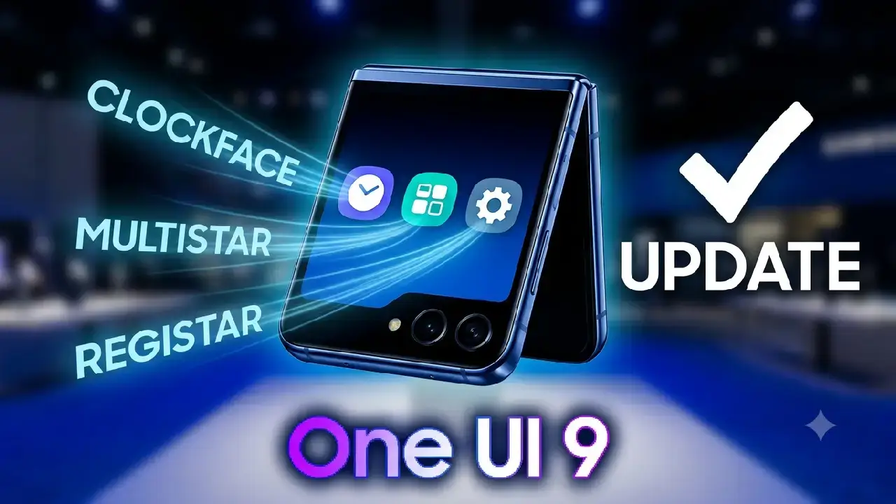 Teaser-Grafik zum Samsung One UI 9 Update für Galaxy-Smartphones. Ein halboffenes Flip-Foldable zeigt die Good Lock Module Clockface, Multistar und Registar neben einem großen Update-Häkchen