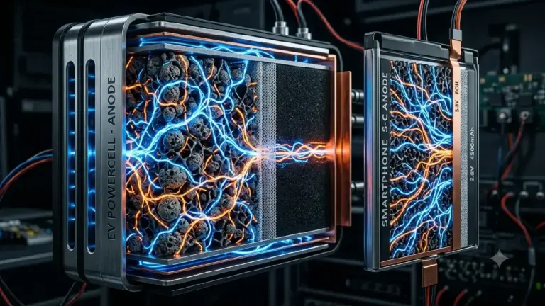 Hochtechnologische Makro-Nahaufnahme der Struktur einer Silizium-Kohlenstoff-Batterieanode, durchzogen von blau und orange leuchtenden Energiebahnen; futuristischer Querschnitt durch das Innere eines Elektroauto- oder Smartphone-Akkus