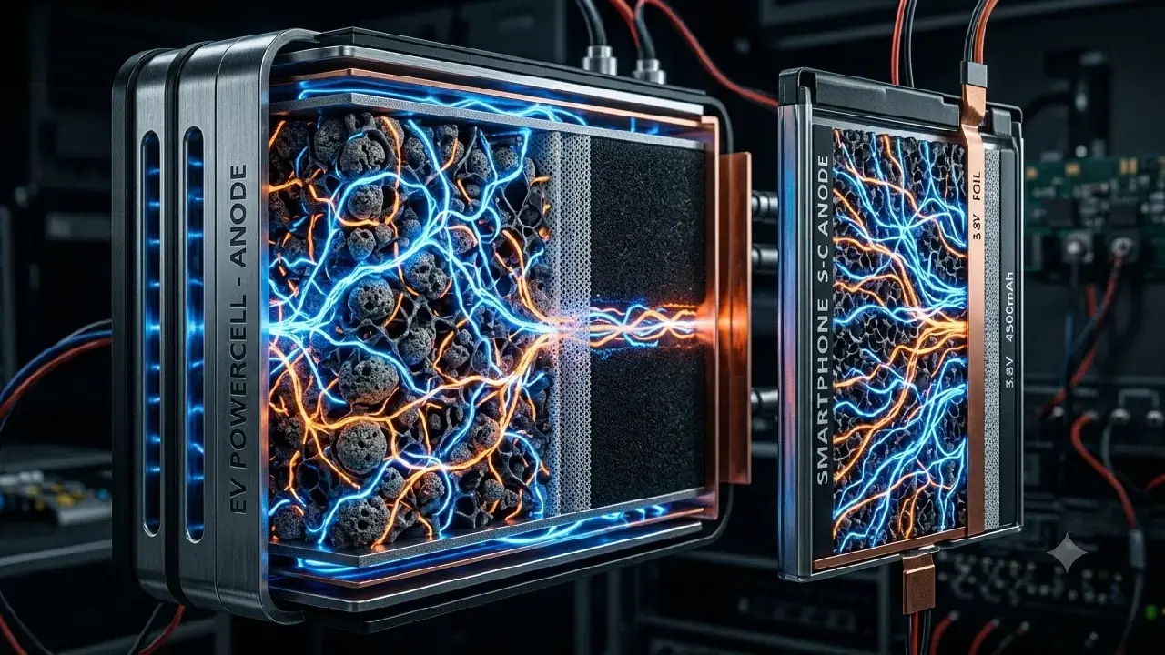 Hochtechnologische Makro-Nahaufnahme der Struktur einer Silizium-Kohlenstoff-Batterieanode, durchzogen von blau und orange leuchtenden Energiebahnen; futuristischer Querschnitt durch das Innere eines Elektroauto- oder Smartphone-Akkus