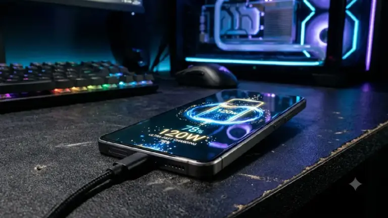 Nahaufnahme eines schlanken Smartphones in dunkler Metallic-Optik, das auf einem Gaming-Schreibtisch liegt. Auf dem Display ist eine Ladeanimation für 120-Watt-Schnellladen anzeigt