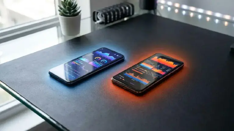 Ein direkter Vergleich zweier Smartphones auf dem Prüfstand: Ein Gerät mit blauem Leuchteffekt und eines mit orangefarbener Aura zeigen komplexe Benchmark-Diagramme auf den Displays.