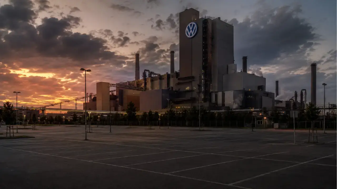 Ein riesiges, leicht verschattetes Volkswagen-Werk in der Abenddämmerung