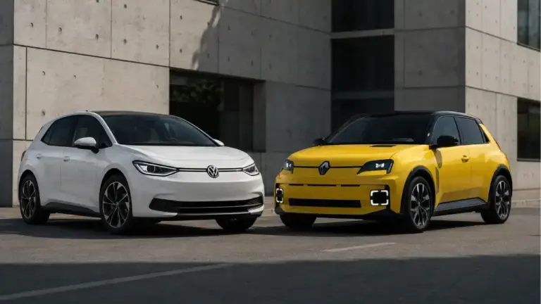 ein weißer VW ID. Polo und ein leuchtend gelber Renault 5 E-Tech, geparkt auf einer sauberen, grauen Stadtstraße