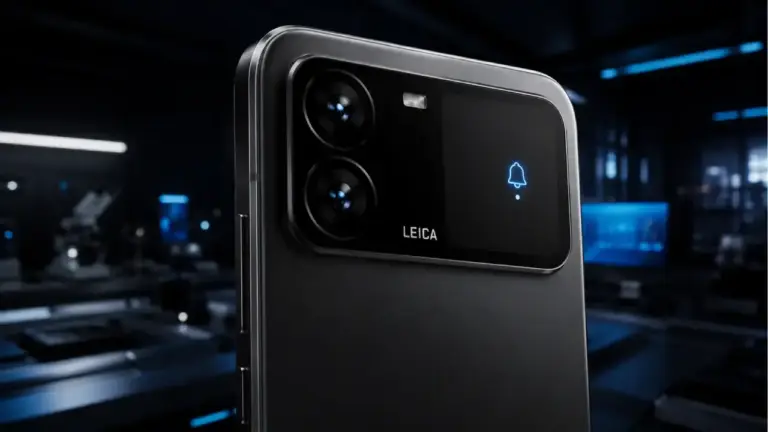 Nahaufnahme der Rückseite eines eleganten, dunkelmetallischen Smartphones. Das Kameramodul verfügt über ein auffälliges Leica-Branding und ein leuchtendes Sekundärdisplay neben den Objektiven mit einem Benachrichtigungssymbol