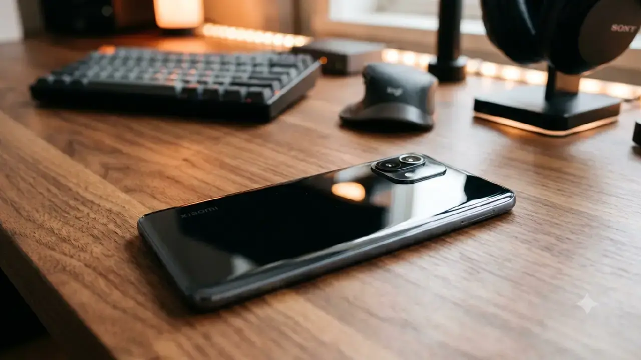 Nahaufnahme eines dunkelgrauen Xiaomi-Smartphones, das auf einem eleganten Holztisch liegt