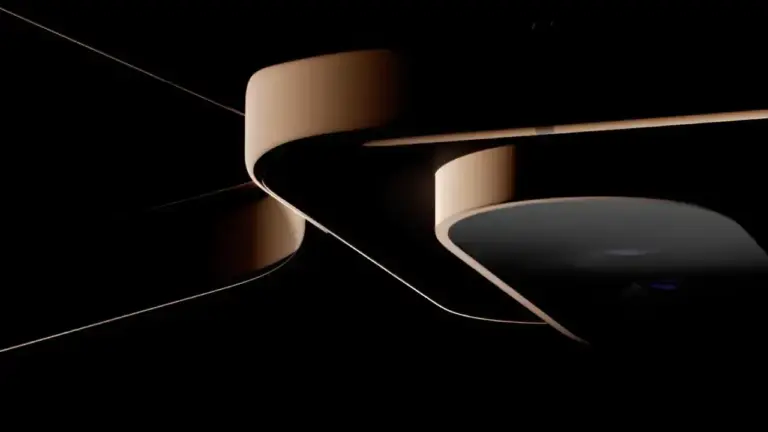 Futuristisches Tech-Design: Elegant geschwungene Linien des Pixel 11 in Bronze und Schwarz mit einer glänzenden Kamera- oder Sensorkapsel vor tiefschwarzem Hintergrund