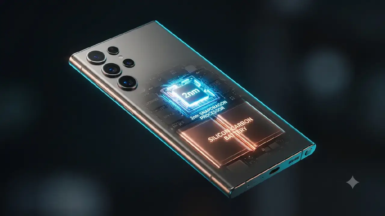 as Galaxy S27 Ultra als schwebendes, futuristisches Flaggschiff mit mattem Titan-Finish