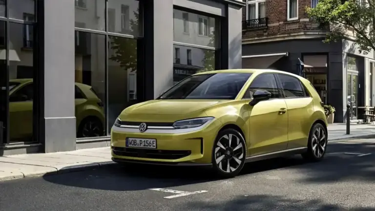 Schräge Frontansicht des neuen kompakten VW ID. Polo in auffälligem Lime-Gelb. Das günstige Elektroauto von Volkswagen zeigt moderne LED-Scheinwerfer und große Alufelgen in einer urbanen Straßenszene