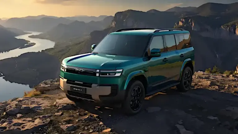 grüner BYD TI7 SUV in bergiger Landschaft