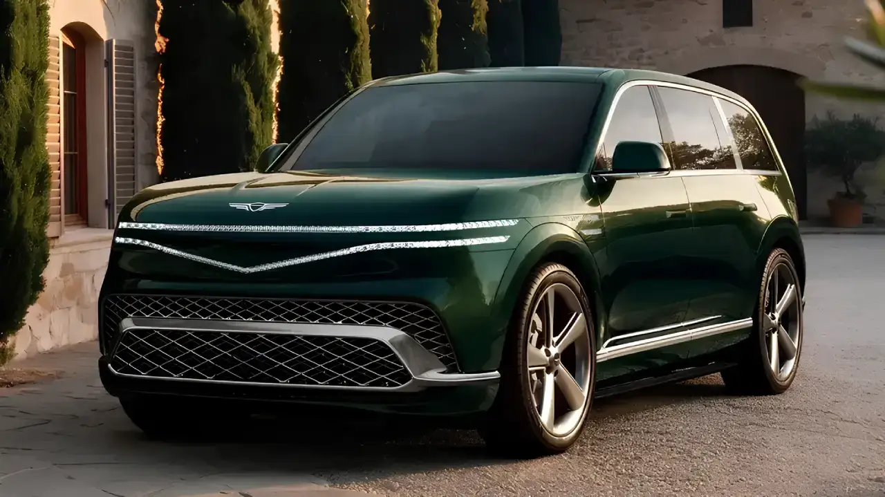 Frontansicht eines grünen Genesis GV90 Elektro-SUV