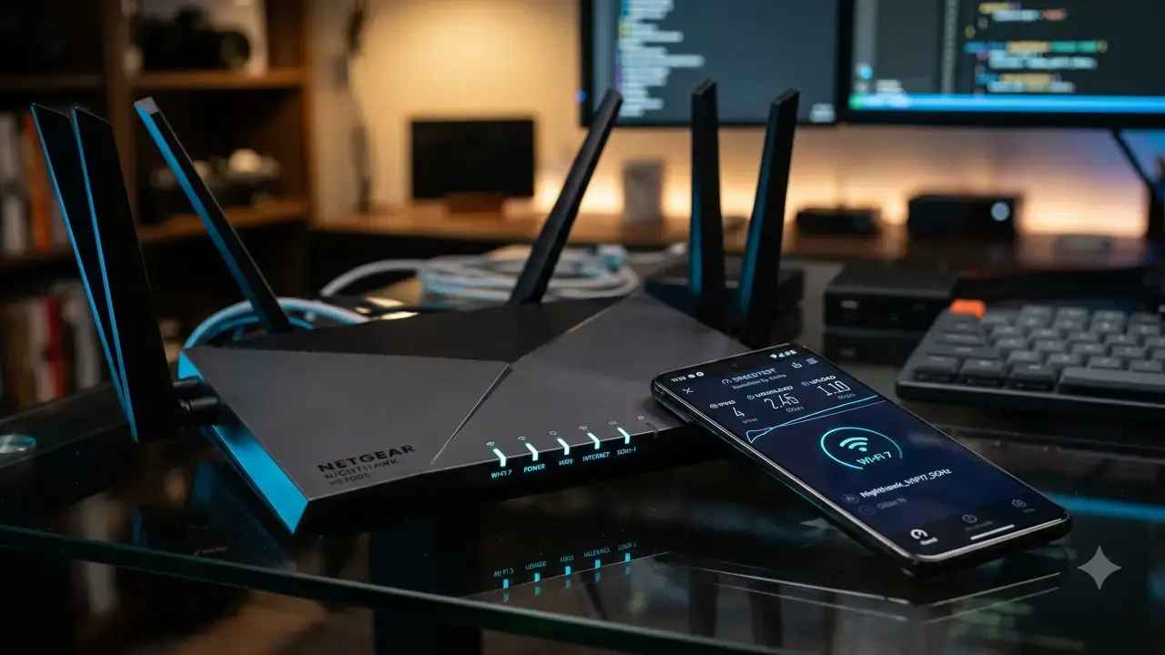 Netgear Wi-Fi 7 Router mit Smartphone