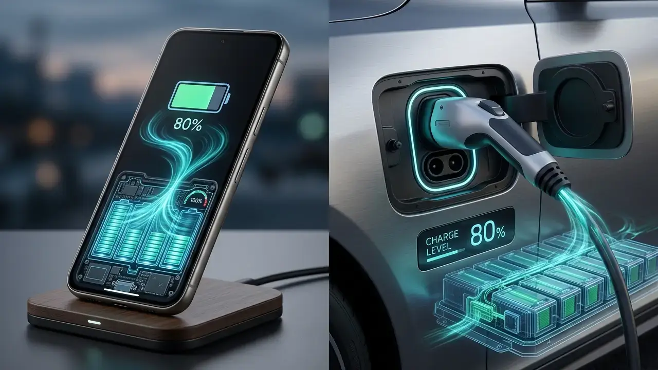 Smartphone auf einer Ladeplatte neben einem Elektroauto an der Ladesäule mit schematischer Darstellung von Akkuzellen und 80-Prozent-Anzeige