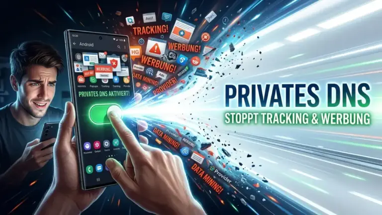 Hand hält ein Android-Smartphone mit aktiviertem Privatem DNS, das Werbung und Provider-Tracking abwehrt