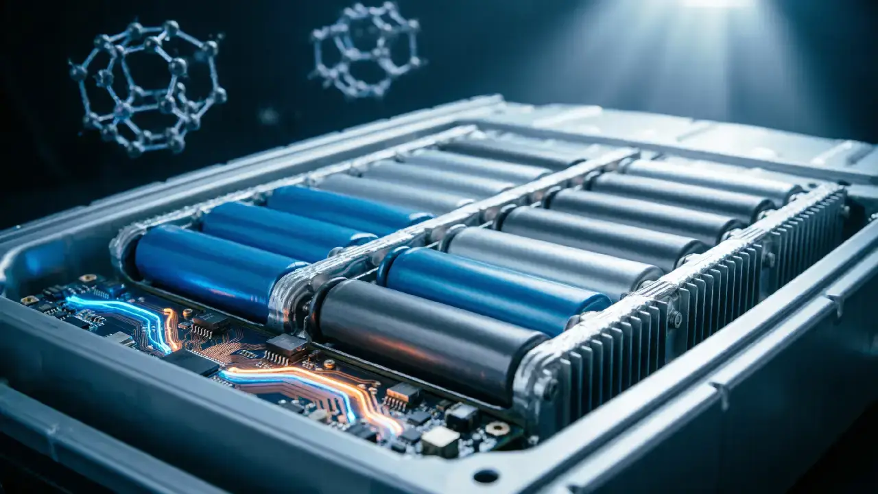 Nahaufnahme von Lithium-Ionen-Akkuzellen eines Elektroautos mit leuchtenden Schaltkreisen des Batteriemanagementsystems
