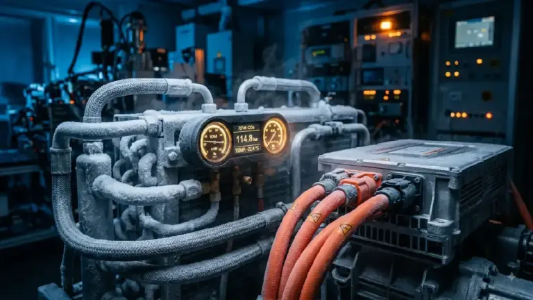 KI-generierte Darstellung Vereiste Kältemittelleitungen und digitale Druckmesser einer Elektroauto-Wärmepumpe auf einem Prüfstand in einer Kältekammer