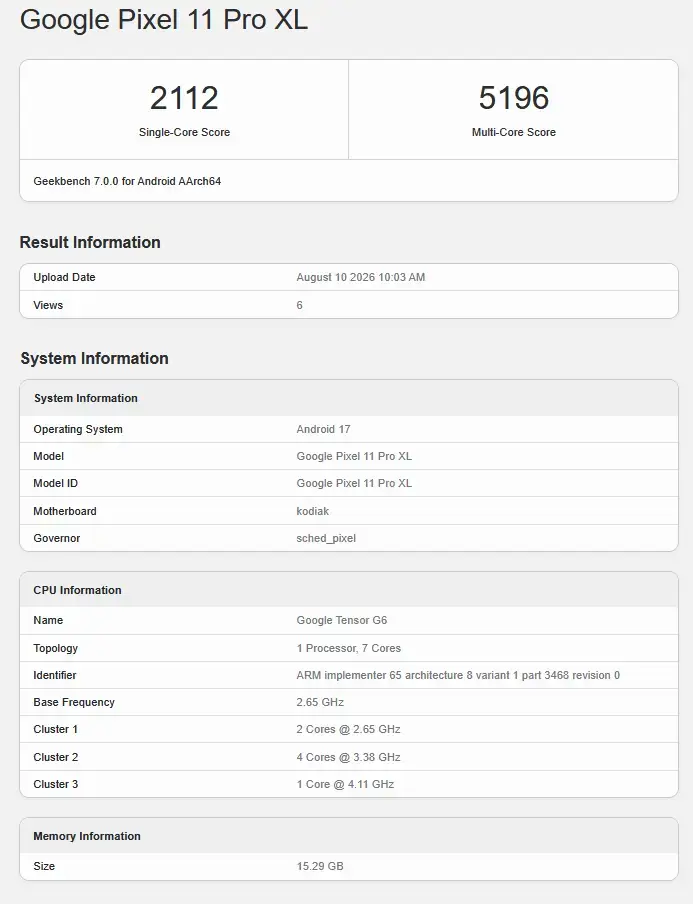 Geekbench-Eintrag des kommenden Google Pixel 11 Pro XL mit dem Tensor G6 Geekbench-Eintrag des kommenden Google Pixel 11 Pro XL mit dem Tensor G6