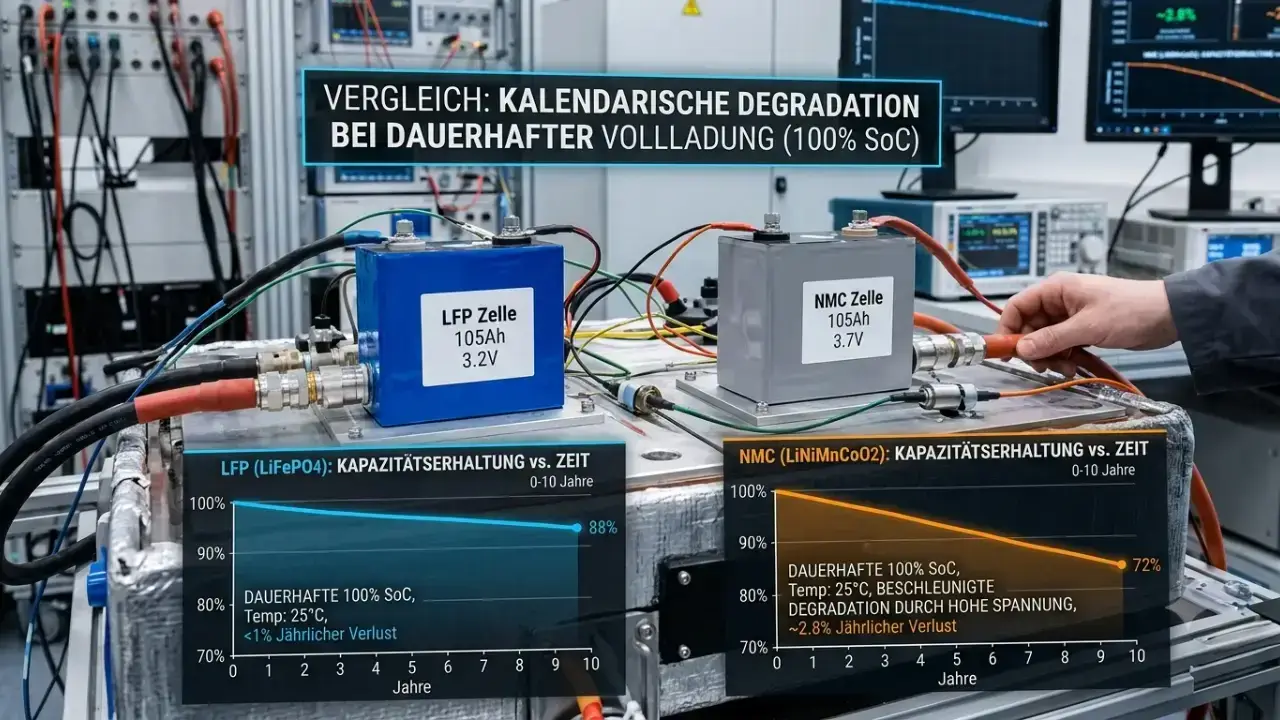 Nahaufnahme von LFP- und NMC-Akkuzellen in einem Hochvolt-Testlabor mit eingeblendeten digitalen Spannungsdiagrammen zur Erläuterung der kalendarischen Degradation bei dauerhafter Vollladung.