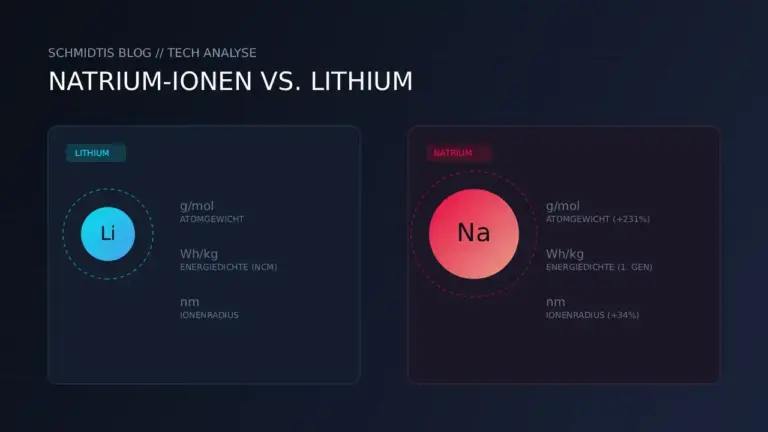 Vergleich zwischen Natrium-Ionen-Akku und Lithium-Akku mit Fokus auf Atomgewicht, Ionenradius und Energiedichte