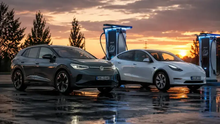 VW ID.4 GTX und Tesla Model Y im Vergleich an einer Schnellladesäule