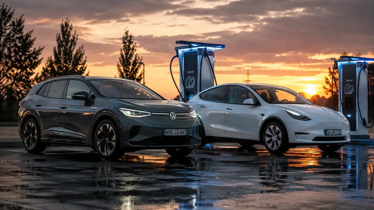 VW ID.4 GTX und Tesla Model Y im Vergleich an einer Schnellladesäule