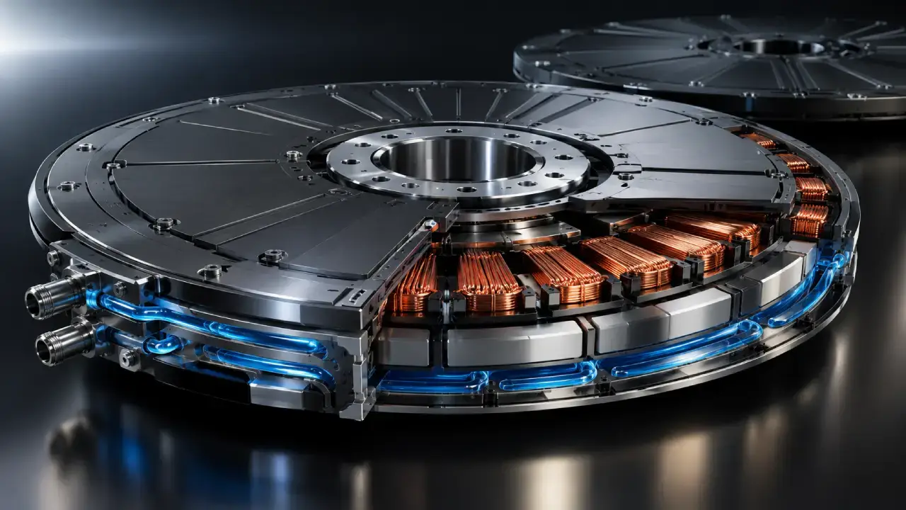 KI-generierte Darstellung eines futuristischen Rotor mit Kupferspulen und Kühlkanälen