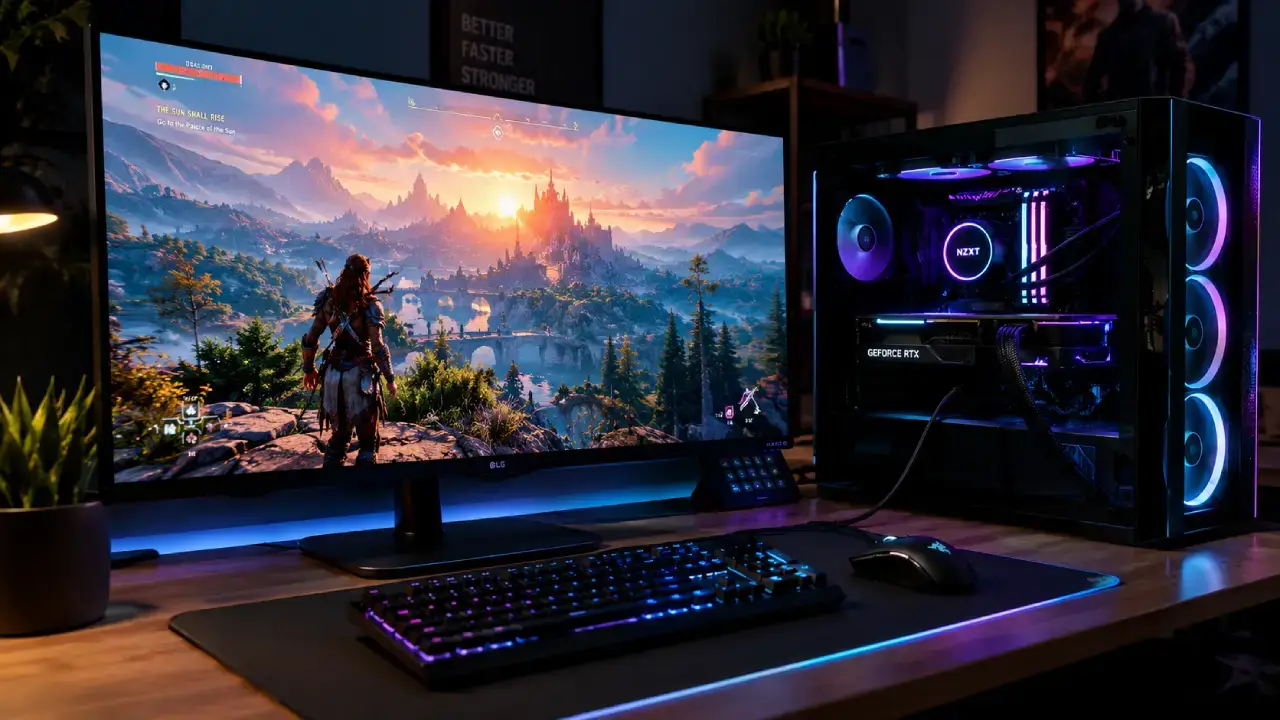 Cinematic Gaming-Setup mit Fantasy-Abenteuer