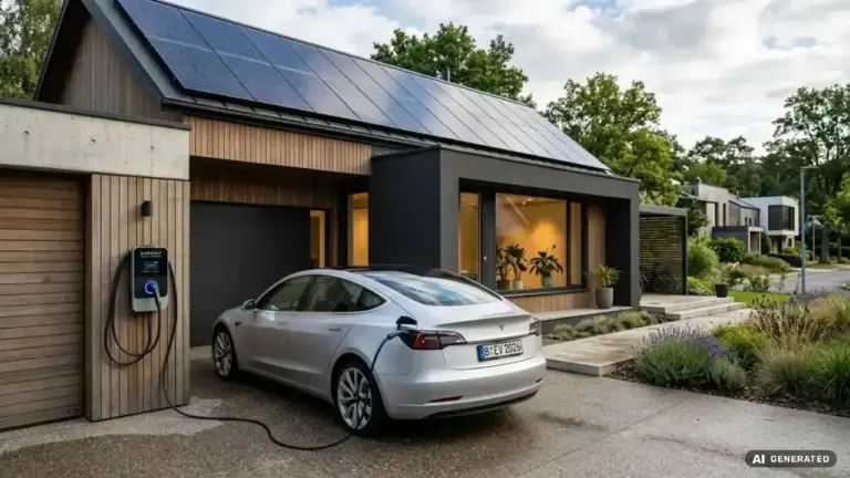 KI-generierte Darstellung Tesla steht vor einem Haus und wird an einer Wallbox aufgeladen