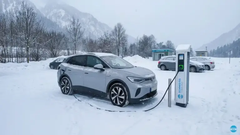 KI-generierte Darstellung eines E-Auto im Winter an Ladestation mit Gebirge im Hintergrund