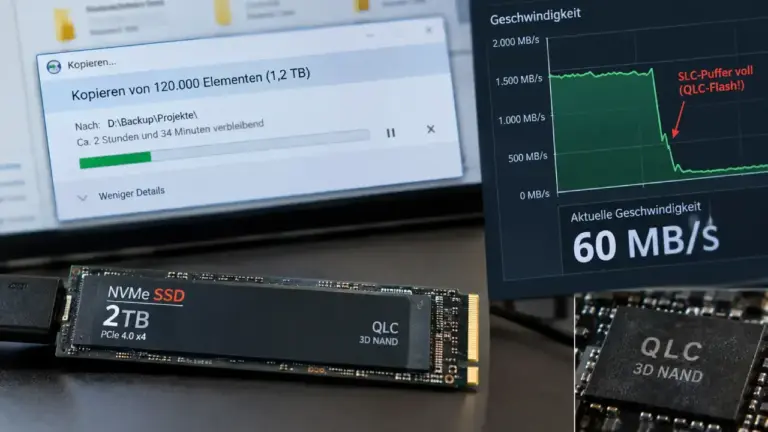 NVMe-SSD beim Kopieren großer Ordner, die plötzlich auf mickrige 60 MB/s einbricht