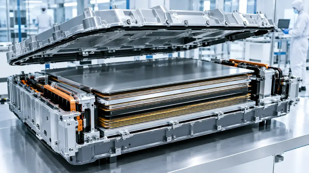 KI-generierte Darstellung eines offenen Batteriepack im Hightech-Reinraum