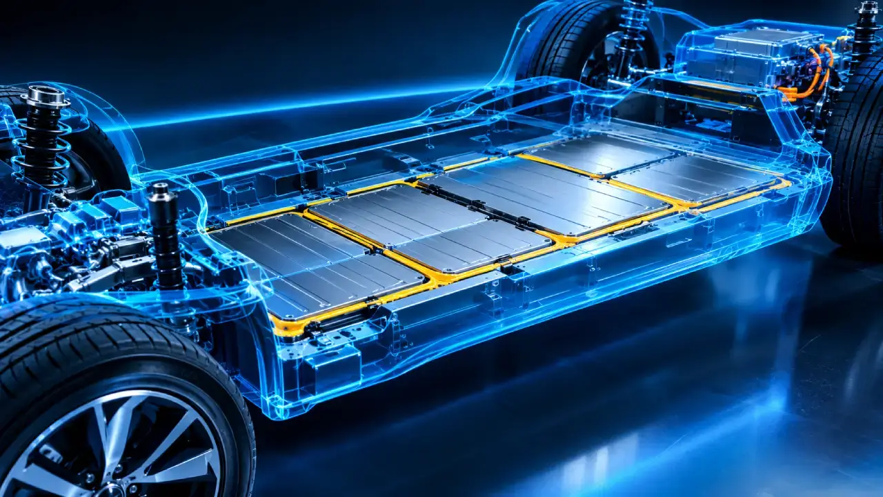 KI-generierte Darstellung von transparenter Elektroauto-Chassis mit Batterie