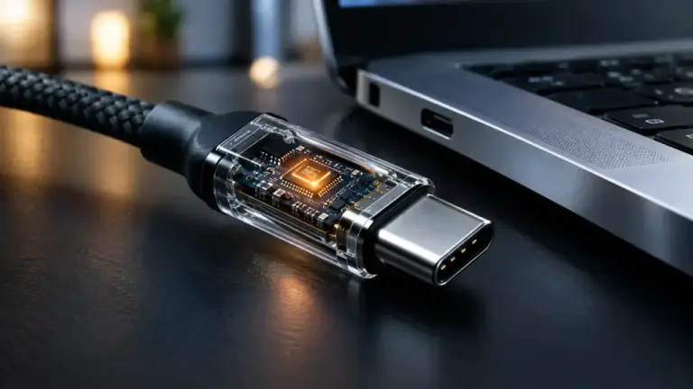 Transparenter USB-C-Stecker mit Leuchtchip an einem Laptop