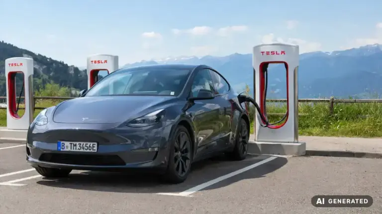 KI-generierte Darstellung Tesla am Berg: Laden mit Aussicht